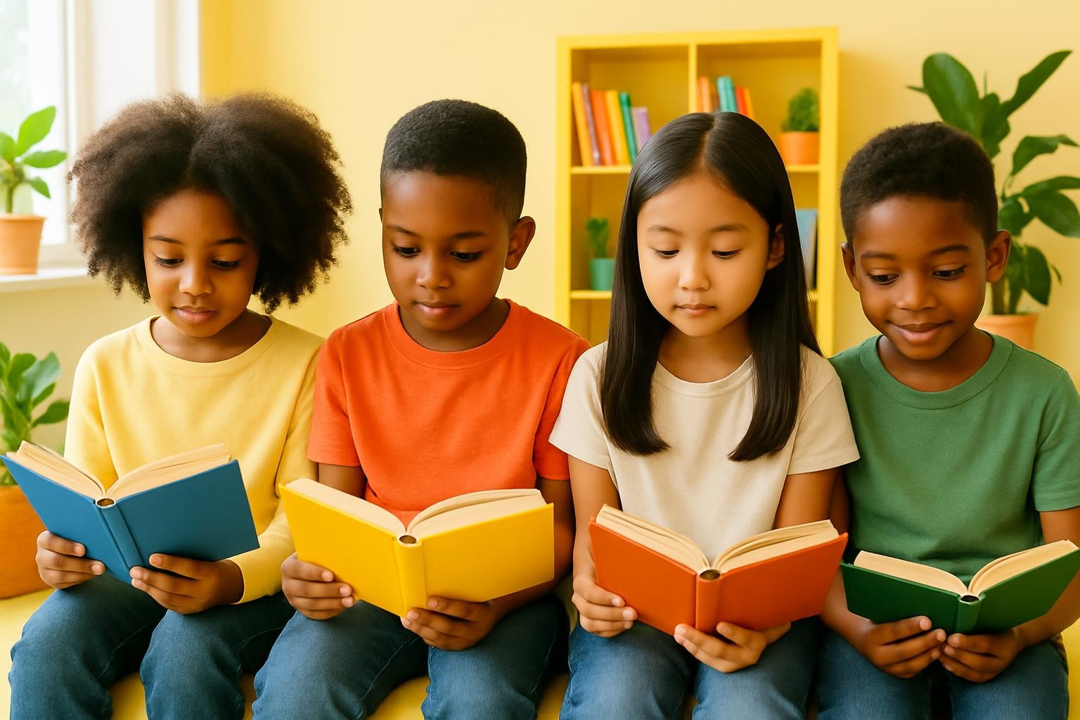 A group of children reading, mostly African American children, bright and friendly setting